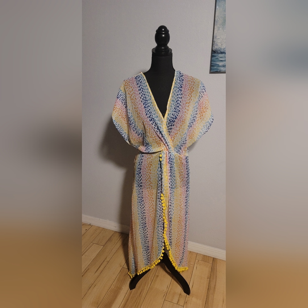 AMERICA & BEYONDAMERICA & BEYOND Semi-Sheer Cheetah Rainbow Stripes Cover-Up